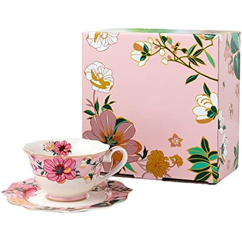 Eplze Floral Tea Set, Porcelain Cup and Saucer Set for Afternoon Tea or Home Décor- Chrysanthemum Design (Cup and Saucer Set- Pink) Cover