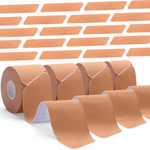 Kinesiology Tape Precut, Sports Tape Athletic Kinesiology, 4 Rolls 80 Precut Strips, Waterproof Breathable Latex-Free Elastic Muscle Tapes for Ankle Wrist Knee Pain Relief & Injury Prevention - Beige