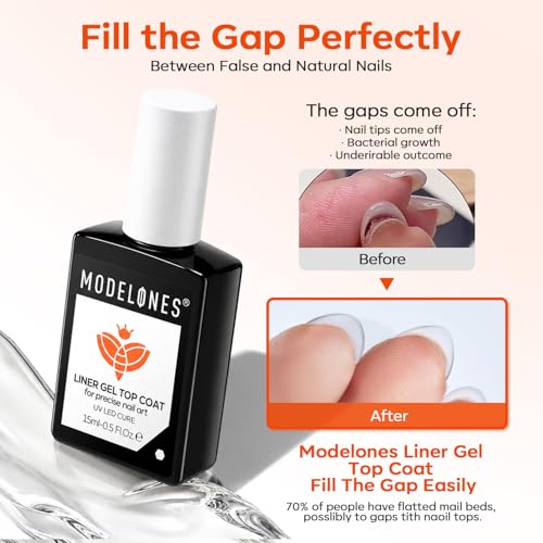 Image of modelones Liner Gel Top Coat for Fine Designs, No Wipe Clear Nail Polish - High Gloss Gap Filling Top Coat Gel, Strong Adhesion for Nail Powder & Rhinestones, U V /LED Light Cure, 15ml