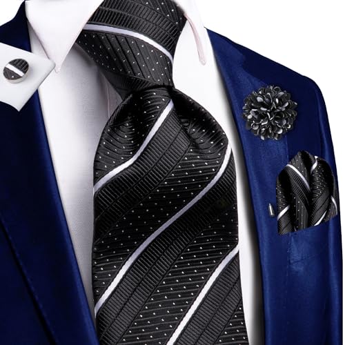 Image of Hi-Tie Men Silk Ties Set with Flower Lapel Pin Necktie Pocket Square Cufflinks for Tuxedo Wedding Business