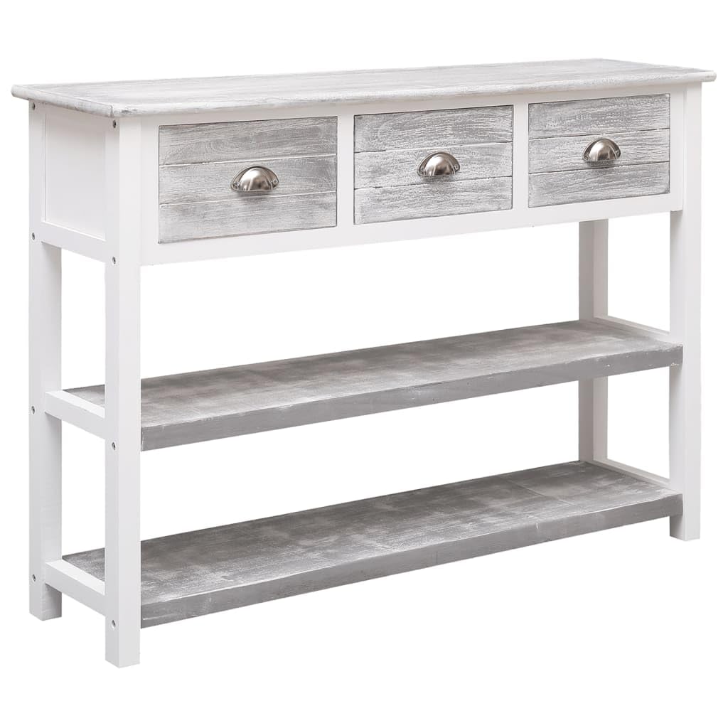 Aparador de madera maciza de paulownia con acabado gris envejecido y 3 cajones