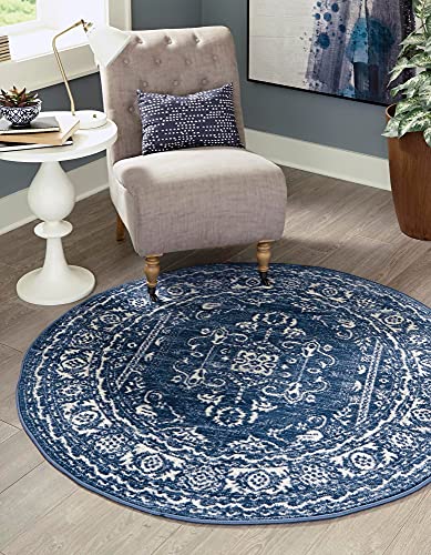 Rugs.com Boston Collection Rug – 3 Ft Round Blue Low-Pile Rug Perfect for Kitchens, Dining Rooms