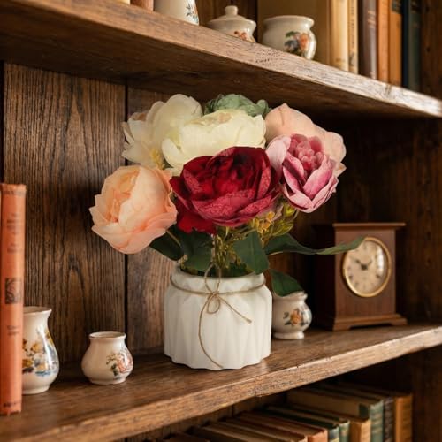 Image of Dekorly Artificial Lavender Plant in White Pot, 18cm - Realistic Faux Flower Arrangement for Home & Office Decor (Set of 1) (1, Peony)