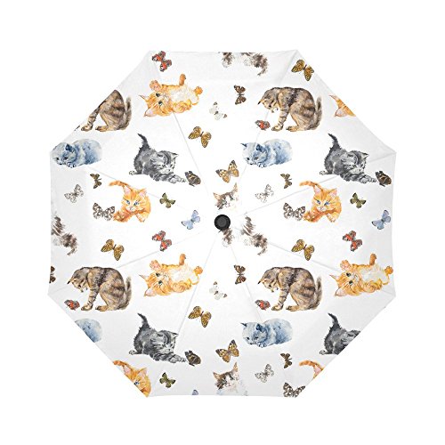 INTERESTPRINT Seamless Cats and Butterfly Windproof Auto Open and Close Foldable Umbrella,Travel Unbreakable