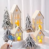 Geetery Juego de 12 piezas de pueblo de Navidad, 4 casas de pueblo blancas con control remoto, 4 velas LED, 4 árboles de Navidad, figuras de construcción de aldea de Navidad de metal (pilas AAA no