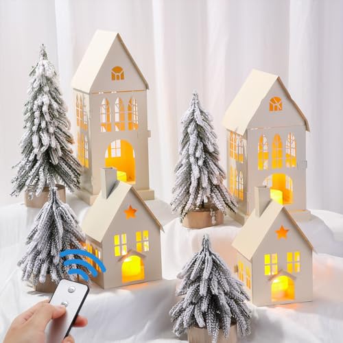 Geetery 12 Pcs Lighted Christmas Village Set Metal White Christmas Village with White Village Houses Mantel Christmas Trees LED Candles Xmas Village Buildings House Decor (AAA Batteries Not Included)
