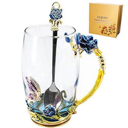 Glass Mug Set Lead-Free Handmade Enamel Butterfly and Blue Rose Flower Tea Cups with Handle Unique Personalized Birthday Present Ideas for Mothers Day Gifts Christmas New Year Blue-Tall