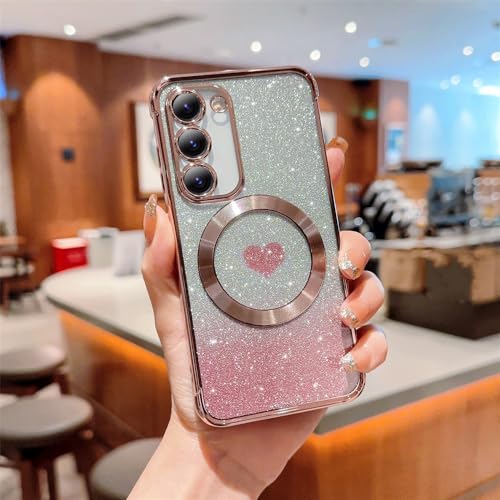 Coque de téléphone magnétique paillettes coeur rose, look chic pour Galaxy S23