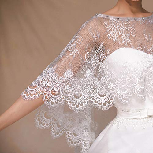 Wedding Shawl Women Floral Lace Wedding Cape Shawl Wrap for Rhinestone Bridal Capelet S, 100x45cm, Beige White2