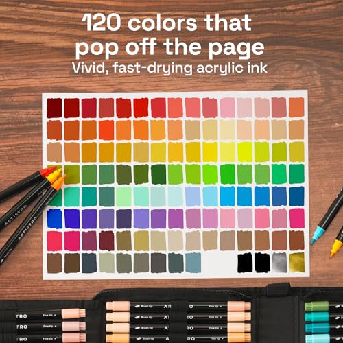 Image of ARTISTRO Acrylic Paint Pens With Storage Bag for Calligraphy - Markers With Brush and Fine Precision Tips - Multisurface Painting for Fabric, Rock, Glass, and More (120 Markers, Dual Tip Brush + Fine)
