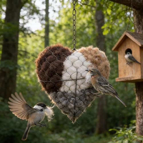 Bird Nesting Material Holder: Handmade Fiber Bird Nesting Heart, Hummingbird Nest Boxes for Outside, Winter Tree Shelter for Wild Birds, Dual-Season Nester Houses for Garden Outdoor View
