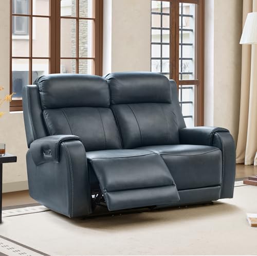 Image of CHITA Genuine Leather Power Recliner Sofa, Loveseat Reclining Sofa, Navy