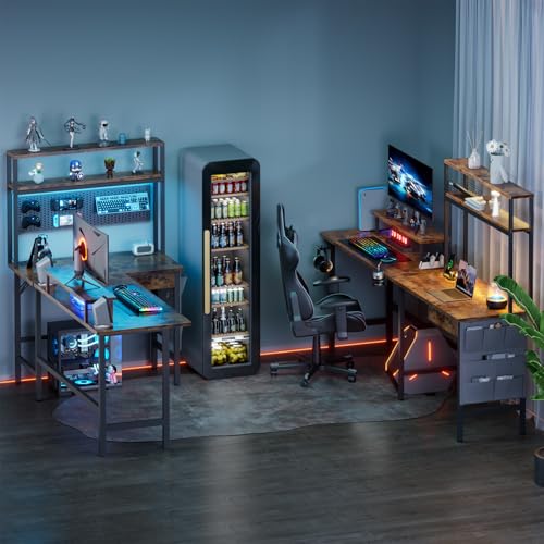 Image of HLDIRECT L Shaped Desk with LED Light & Power Outlet, 59 Inch Reversible Corner Gaming Desk with Storage Shelves & Drawer, Computer Table with Monitor Stand, Home Office, Work, Study, Rustic Brown