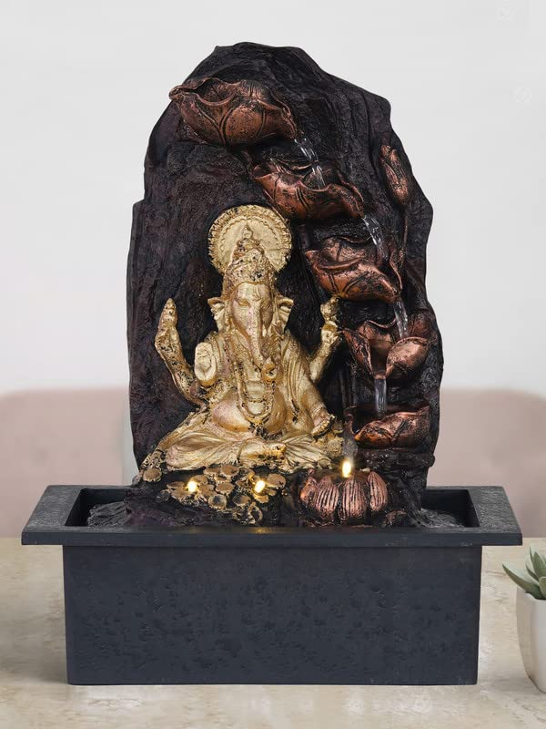 Image of Polyresin Chocolate Colour Ganesha Table Top Indoor Waterfall Fountain for Home Decor with LED Lights, Speed Controller Pump & Crystal Ball (Size: 25.5 x 21 x 18.5CM | Wt: 1145grm)