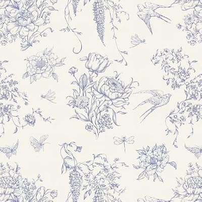 Froluya Floral Peel and Stick Wallpaper Vintage Contact Paper 16.9"x 118.1" Cream White and Blue Wallpaper Peel and Stick Floral Birds Self Adhesive Removable Wall Paper for Bedroom Bathroom Vinyl