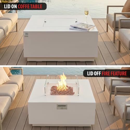 Image of AMS 48 inch Square Concrete GFRC Propane Gas Fire Pit Table Bundle, Cream White
