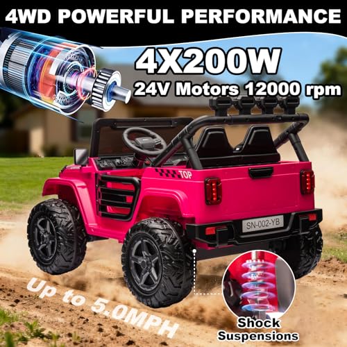 Image of NEWQIDA 24V 2 Seater Ride on Car w /Remote Control 4wd Kids Electric Vehicles Ride on Toys Car, EVA Tires Wheels, 20 inch Spacious Seat, LED Lights, Music, Spring Suspension, 4x200W Motors, Hot Pink