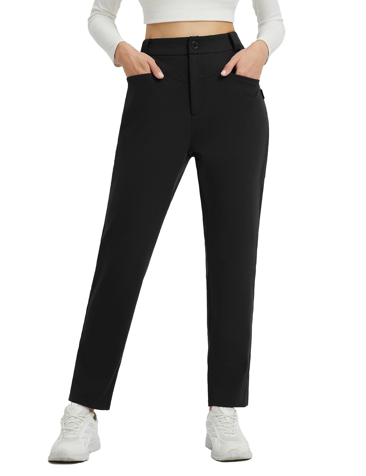 baleaf Womens Fleece Lined Pants Stretch Travel with 5 Pockets Business Casual Golf Dress Petite Thermal Winter Sweatpants