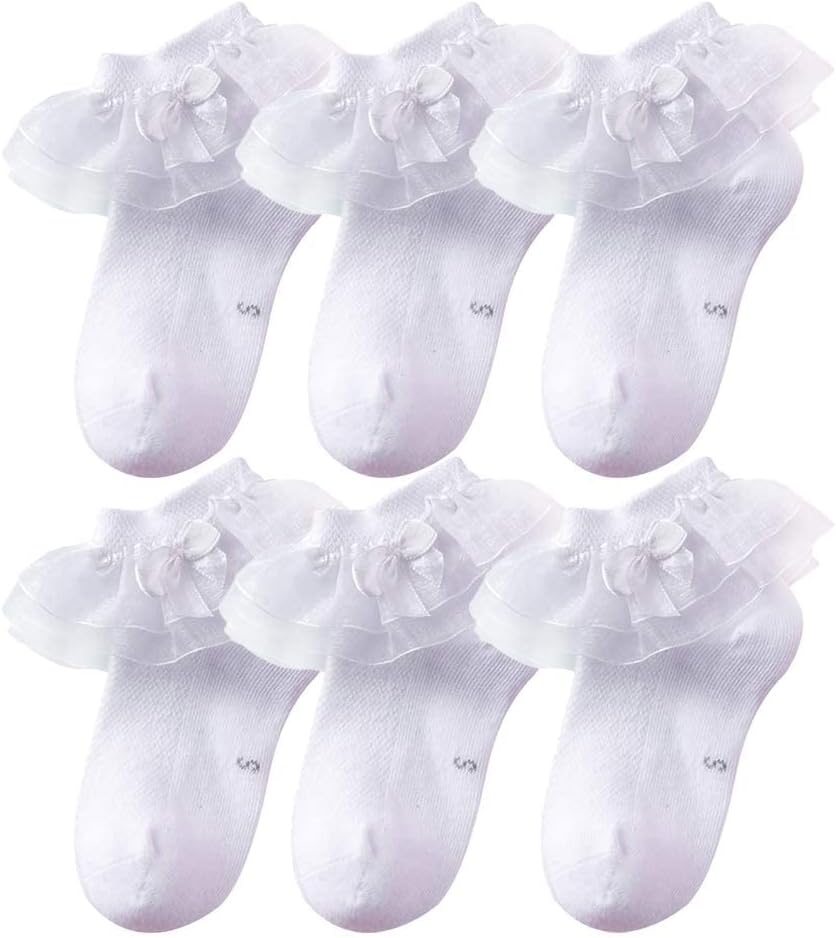 Girls Cotton Ankle Socks with Bowknot - Princess Lace Dress Socks 6-Pack (1-8T)