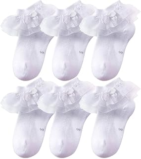 Baby Toddlers Girls White Cotton Princess Style Ruffles Lace Top Frilly Mesh Socks with Bowknot Pack of 6