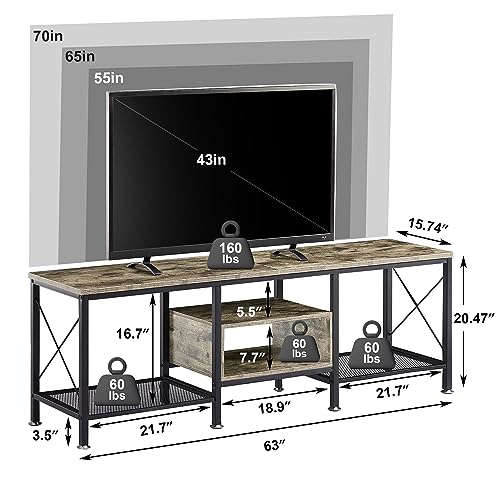 Image of VECELO Industrial TV Stand for 70 Inch Television Cabinet 3-Tier Console with Open Storage Shelves, Entertainment Center Metal Frame for Living Room, Bedroom, 63 Inch, Grey