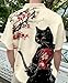 GoofyDaddy Men's Japanese Black Cat Warrior Button Down Shirt, Short Sleeve, Cream with Cherry Blossoms, Regular Fit, Summer Casual Wear