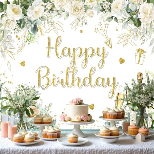 Image of Happy Birthday Banner Sage Green Birthday Decoration Backdrop 72x44inch White Flower Floral Greenery Eucalyptus Leaves Birthday Party Background Sprinkle Gold Dots Party Decorations for Women Adults