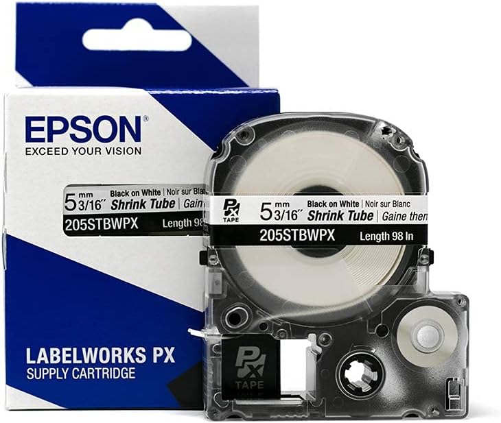 Epson LABELWORKS 205STBWPX Tape Cartridge - Black on White Shrink Tube Industrial Label Maker Tape - AWG 8-12, 3/16" (5MM) Wide, 8 ft (96")