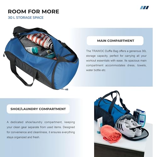 TRAWOC 30L Gym, Sports & Travel Duffle TMPB02, Unisex Duffel Bag with Shoe Compartment | 3-Year Warranty, EnglishBlue 4 51+4vn foIL