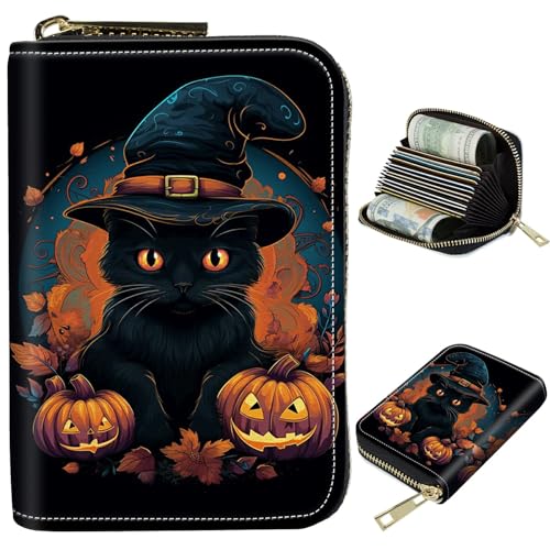 Image of Cute Credit Card Holder with Zipper, Black Cat Halloween RFID-Blocking Card Case Small Wallet for Women Men, Multi-slot Card Organizer Case Travel Accordion Wallet