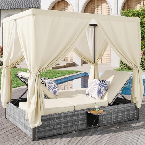 Chaise longue de jardin lit double avec rideau d'ombrage, chaise longue en rotin, mobilier...
