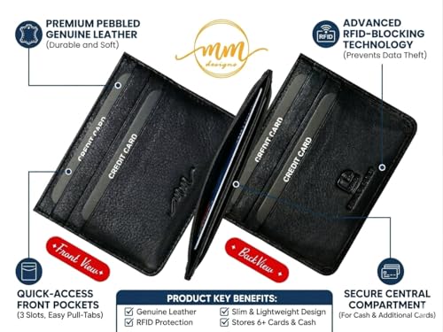 Image of MM Designs Slim and Compact Leather Credit Card Holder for Men and Women | Genuine Leather RFID Blocking Protection | Minimalist Card Wallet with 6 Card Slots | Black