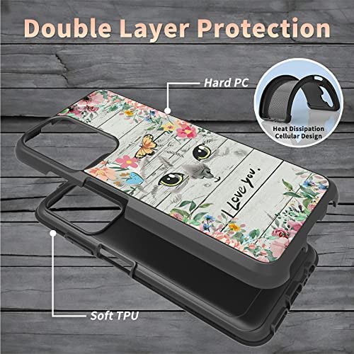 BWEGRHE for Samsung Galaxy A03S 5G Case + Cable Protector, Men Womens Phone Case for Galaxy A03S with Cat Flowers Design Dual Layer Hard PC Soft Silicone Bumper Shockproof Cover