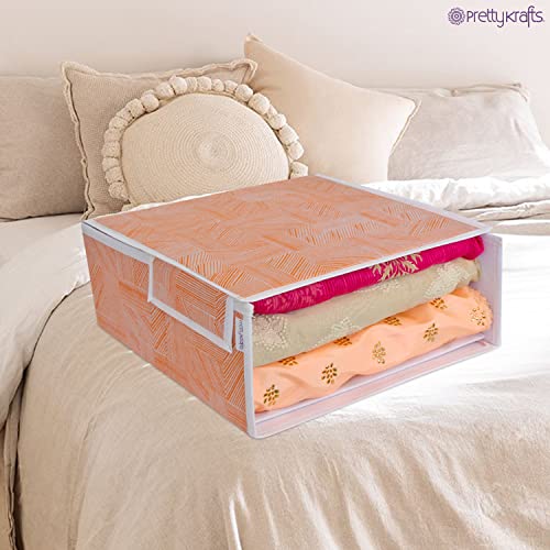 Image of PRETTY KRAFTS Stackable Fabric Saree Storage Organizer for wardrobe, Clear front window with Lid, Stackable organizers, Perfect to organize sarees in a wardrobe, Set of 1, Jute Orange