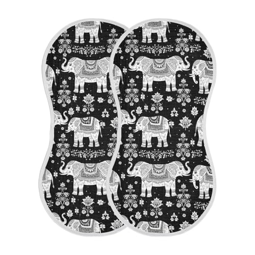 2 Pack Muslin Burp Cloths Elephants Boho Black Cotton Baby Burp Cloths Ultra Absorbent Soft Burping Cloth Washcloths for Newborn Boys Girls, Large 22
