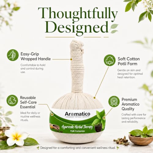 Image of AROMATICO Ayurvedic Herbal Potli with 17 ancient herbs. Helps with Pain Relief, Post-Workout Recovery & Muscle Relaxation. For Men & Women. 200gm Pack of 2