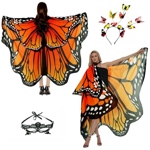 Halloween Butterfly Wings Costume for Womens Moth Wings Butterfly Cape Adult Costume with Mask & Headband(3pcs) Double Chiffon Orange Red