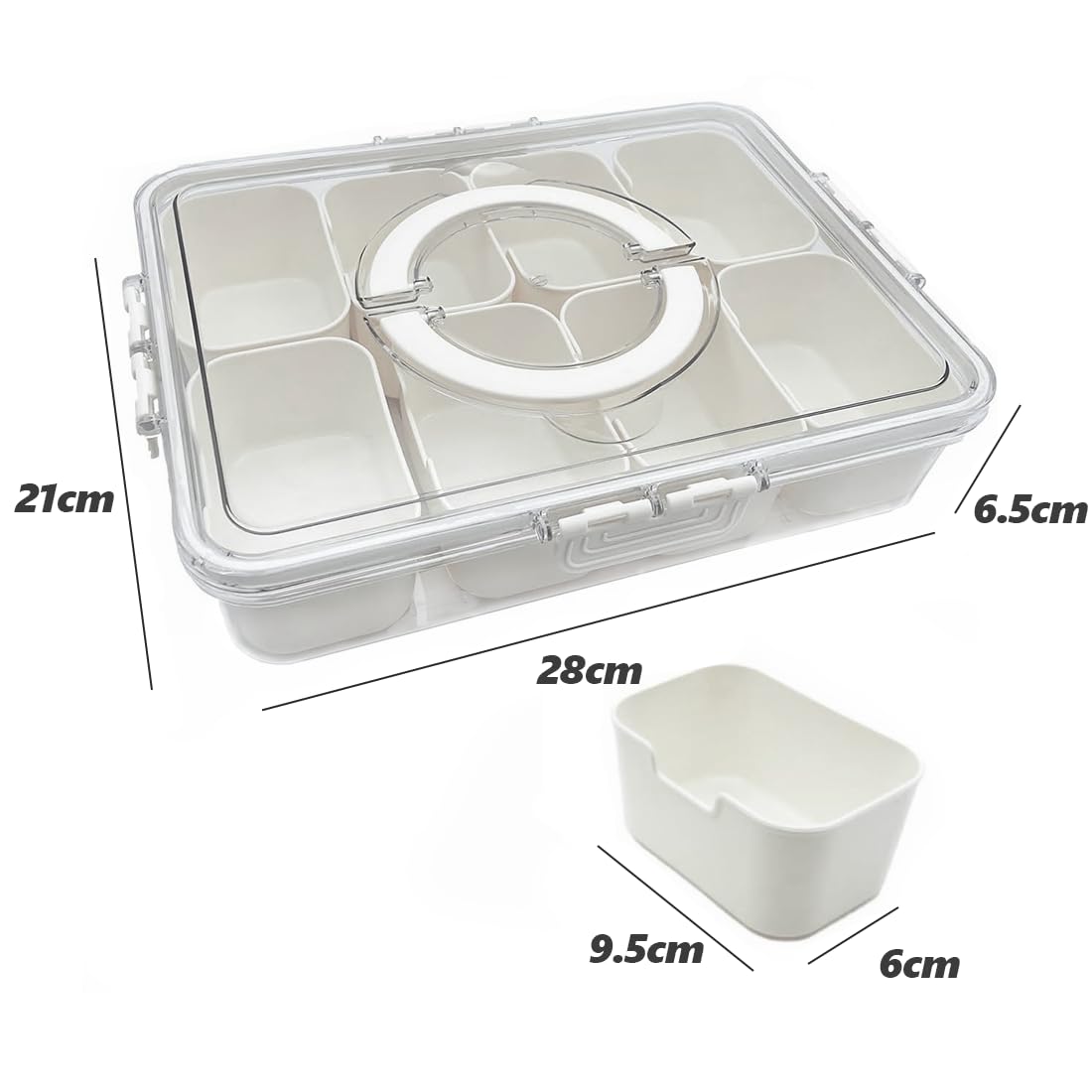 2 scatole per snack con coperchio e manico, vassoio riutilizzabile con 8 scomparti rimovibili, per cucina, feste, picnic, snack per noci, patatine, verdure, spezie, caramelle, frutta e salse