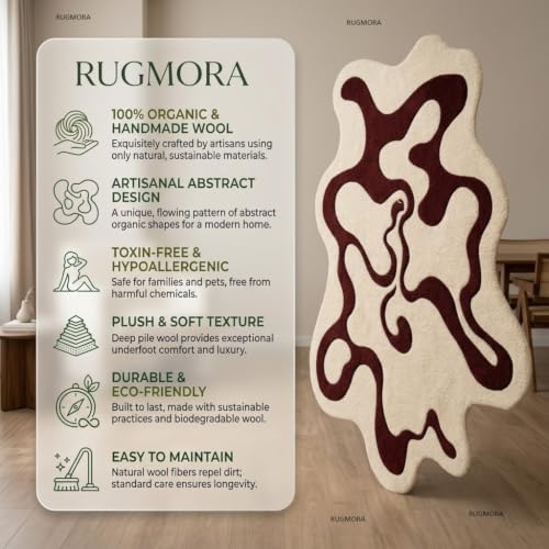Image of Hand Tufted Wool Rug 5x7 Ft - Modern Irregular Shape Aesthetic Carpet, 1 Inch Thick Pile, Anti-Skid Backing, Soft Handmade Woolen Area Rug for Living Room, Bedroom, Hall Decor