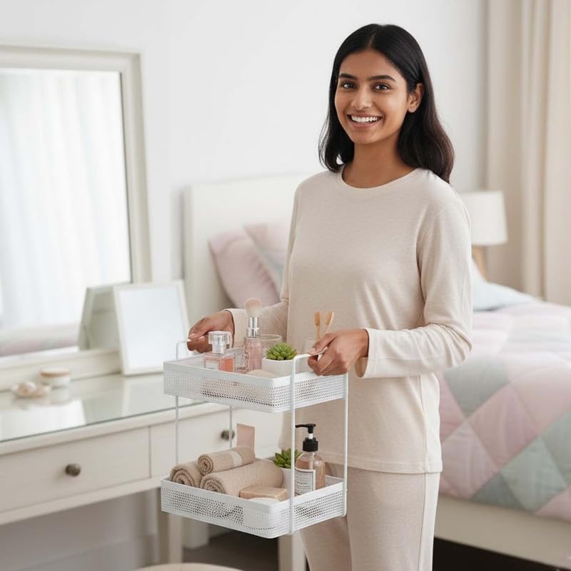 Image of Go Hooked Metal Standing Rack 2-Tier Countertop Organizer | Spices Organizer | Bathroom Essentials | Vanity Storage | Decorative Use | Cosmetic Makeup Storage (White)