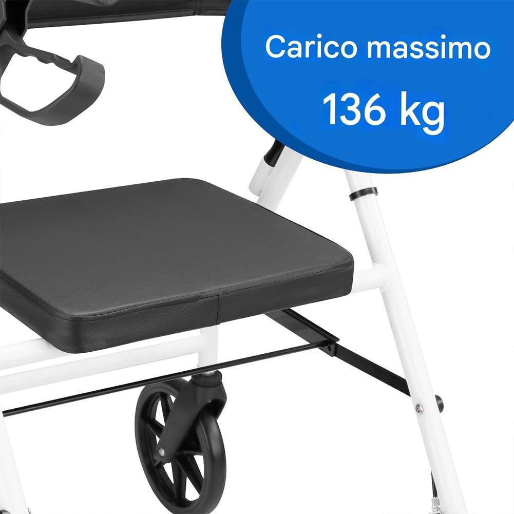 BAKAJI Deambulatore Rollator con Sedile, Ausilio Camminata per Anziani con Ruote e Freni, Disabili e Persone con Mobilità Ridotta, Struttura Ultraleggera e Pieghevole con Altezza Regolabile