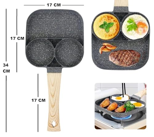 Image of Niyam Imperial Non Stick Granite Breakfast Frypan, 3 Section Grill Pan, Heat-Resistant Handle, Compact Space Saving Design, for Omelet, Grill, Fry, Gas & Induction Compatible (Black A, 17cm)
