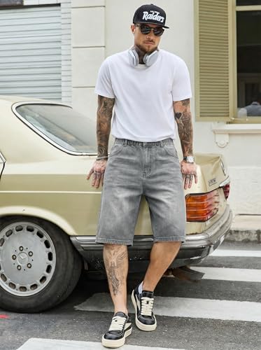 Image of PLEPAN Mens Super Baggy Jean Shorts 12 inch Vintage Loose Fit Wide Leg Long Jorts Y2K Streetwear Below Knee Denim Shorts