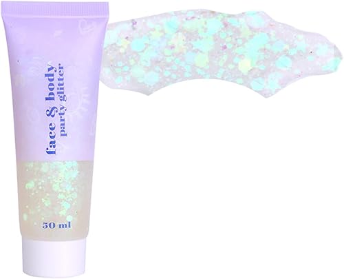 AKARY Gel con purpurina blanca para la cara, gel de escamas de sirena, gel holográfico con purpurina gruesa para cuerpo, cabello, cara, uñas, sombra