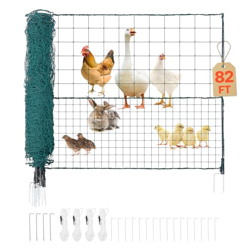 VEVOR Valla de Pollos y Perros, 1,05 m x 25 m, Red de Protección para Jardines y Huertos, con Postes y Estacas de Doble Punta, Malla Plástica de Seguridad para Aves de Corral Cría Planta, Color Verde