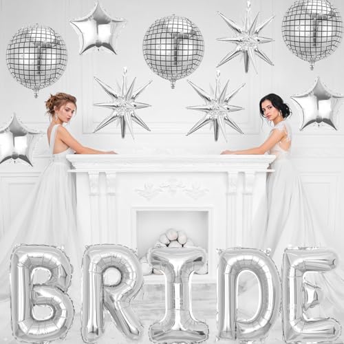 Image of Silver Bride Balloons Bachelorette Party Decorations, 32in Silver Giant Bride Balloons with 4D Disco Ball Balloon and Star Foil Balloon for Bridal Shower Wedding Engagement Party Supplies