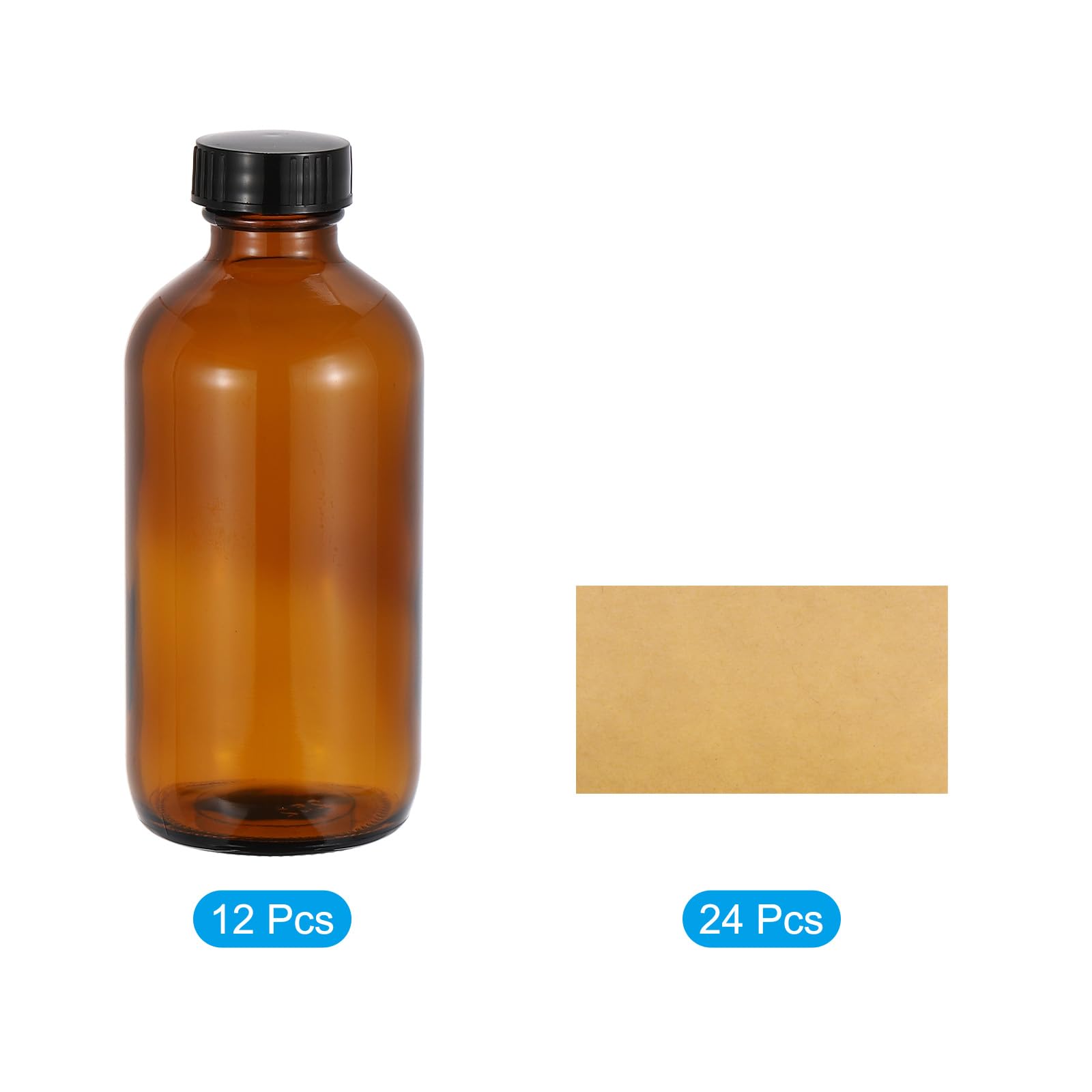 PATIKIL Frascos De Muestra De Vidrio De 8 Onzas (240 ml), 12 Piezas Frascos Redondos Con Tapón Cónico Negro De Polietileno, 24 Piezas Etiquetas Para Líquidos Reactivos, Perfume, Ámbar