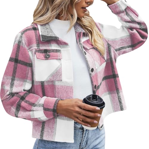 ABABC Jackets for Women Button Down Long Sleeve Flannel Jacket Casual Turndown Collar Plaid Cropped Shacket Jacket