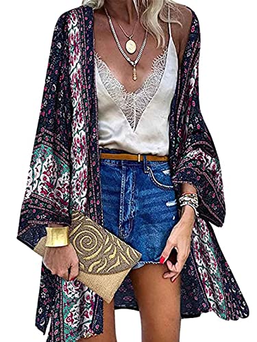 Yutdeng Cárdigans Kimono Mujer Bohemio Chal Suelto Kimono con Estampado Floral Pareos Playa Bohemia Tops Blusa Casual Boho Bikini Cover Up Caftan Playa Chal Verano Chic