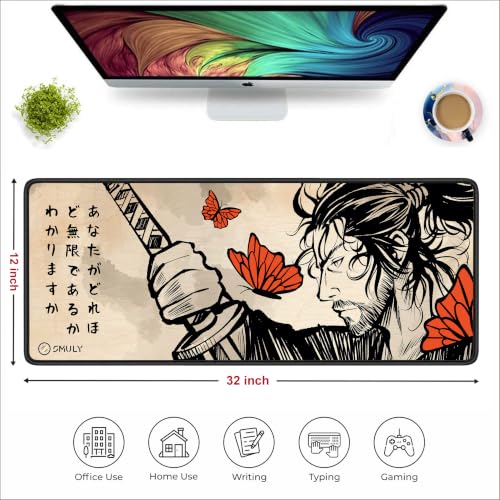 Image of Japanese Samurai Mouse Pad 12x32 Inch 3mm Extended Gaming Desk Mat with Anti-Slip Rubber Base Mousepad for Smooth Surface Desk pad for PC & Laptop Use Waterproof & Stiched (Multicolour) Deskpad